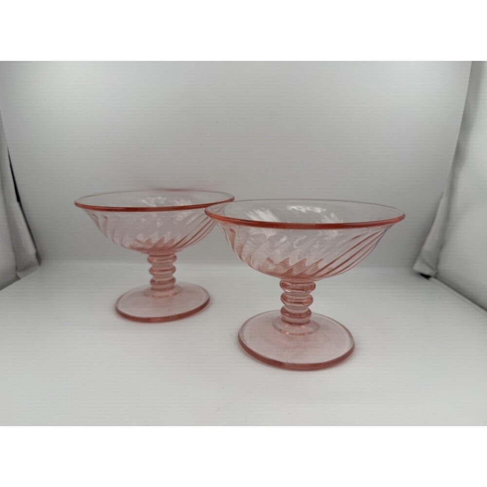 Set of Two Vintage Duncan Miller Swirl Compote Pink Depression Glass Pedestal